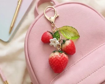 Realistic Strawberry Charm Keychain with Customizable Letter – Gold or Silver Tone