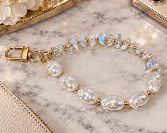 Moonstone Baroque Pearl Phone Wristlet, Beaded Phone Strap, Universal Wristlet, Pearl Wrist Strap, Crystal Phone Charm