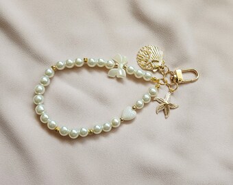 Pearl Beaded Phone Charm: Seashell Starfish Keychain, Personalized Initial