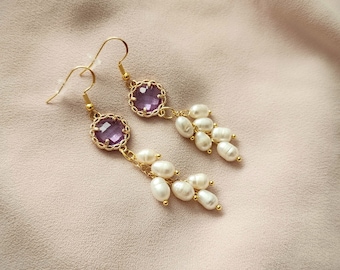 Dusty purple/Pearls/cluster/earrings/gifts for her/dainty/wedding/evening