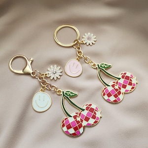 Retro Cherry Keychain: Y2K Kawaii Charm with Smiley Face