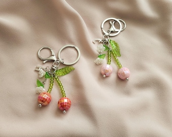 Cherry Resin Keychain, Cute Fruit Keychain, Kawaii Cherry Bag Charm, disco ball Keyring, Summer Accessory, Custom Initial Charm