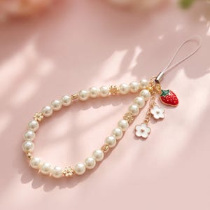 Pulsera de perlas con dije de fresa – Accesorio para teléfono, bolso o llavero