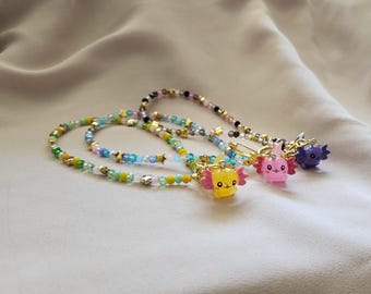 Multi Color Beaded Wristlet Keychain with Axolotl Resin Charm | Cute Animal Keychain | Handmade Bag Charm | Gift for Axolotl Lovers