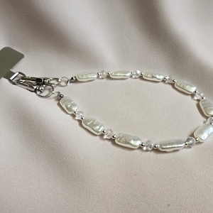 Baroque Pearl Phone Wristlet: Ocean Theme Acrylic Beads, Detachable Strap A-Silver