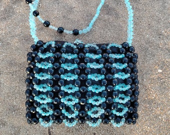Sac à bandoulière perlé, élégant sac en perle noir et bleu fait main, style bicolore