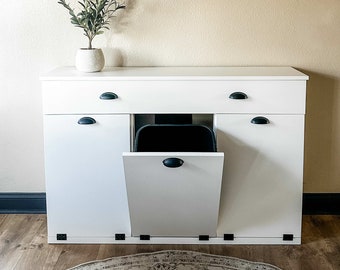 Tilt out trash cabinet, 3 bin, trash storage, white cabinet