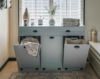 Laundry hamper, 3 bin, laundry cabinet, gray cabinet