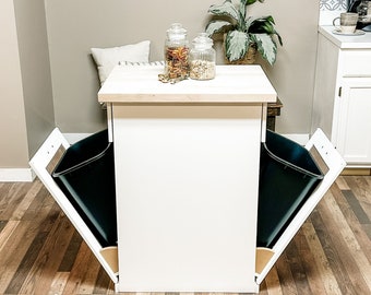 Kitchen Island and tilt-out trash cabinet in white