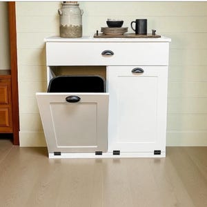 Tilt out trash, 2 bin, hidden trash cabinet, white, cabinet - farmhouse doors