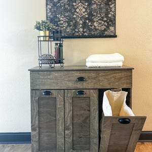 Slim Laundry hamper, 3 bin, laundry cabinet, aged barrel stained cabinet - farmhouse doors