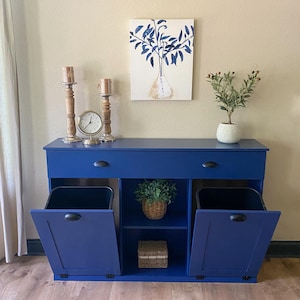 Tilt-out trash cabinet, 2 bin plus storage cabinet, trash storage, blue