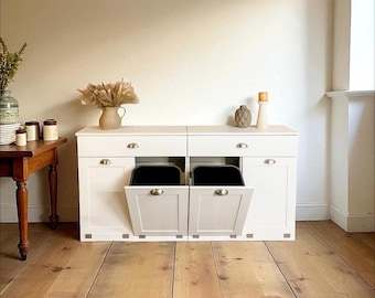 Quad trash cabinet, tilt out trash, trash bin with storage drawers -  fully assembled in white