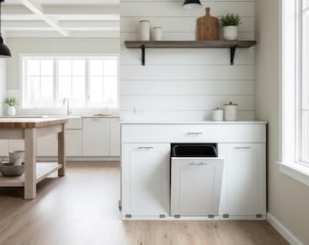 White 3-Bin Tilt-Out Trash Cabinet | Hidden Kitchen Trash Bin, Farmhouse Style