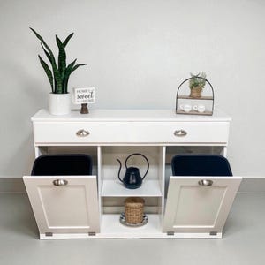 Tilt-out trash cabinet, 2 bin plus storage cabinet, trash storage, white
