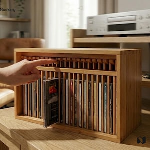 Handcrafted Pop-Up Wooden CD & Game Cases Organizer Stackable Desktop Media Storage Rack, Wood Game Discs Holder for PlayStation Xbox Switch