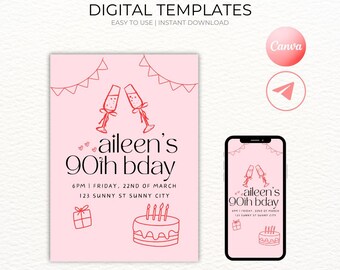 90th Birthday,  90th Birthday Invitation, Birthday Dinner Invite, Birthday Dinner Invitation Digital, Digital Birthday Dinner Invitation