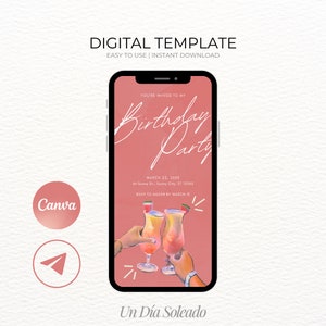 Modello di invito di compleanno / Modello di invito digitale per festa di compleanno di cocktail in acquerello rosso e bianco