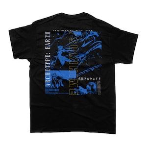 May include: Black t-shirt featuring a blue and white graphic print of an anime character. The graphic includes the text "It's Sunken Time" and "Archetype: Earth".
