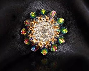 Luxurious Rainbow Rhinestone Floral Buttons, Unique Large Crystal Buttons, Handmade Decorative Buttons