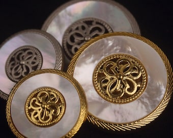 Luxurious Shell Buttons White Mother of Pearl, Retro Gold Silver Buttons, Handmade Decorative Buttons