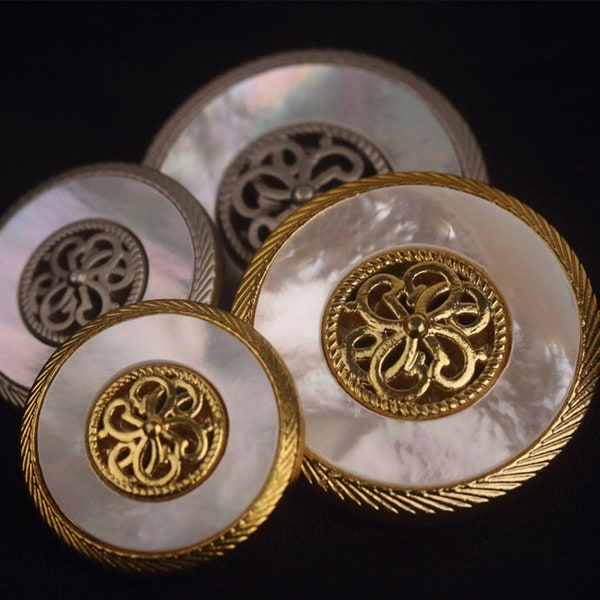 Luxurious Shell Buttons White Mother of Pearl, Retro Gold Silver Buttons, Handmade Decorative Buttons