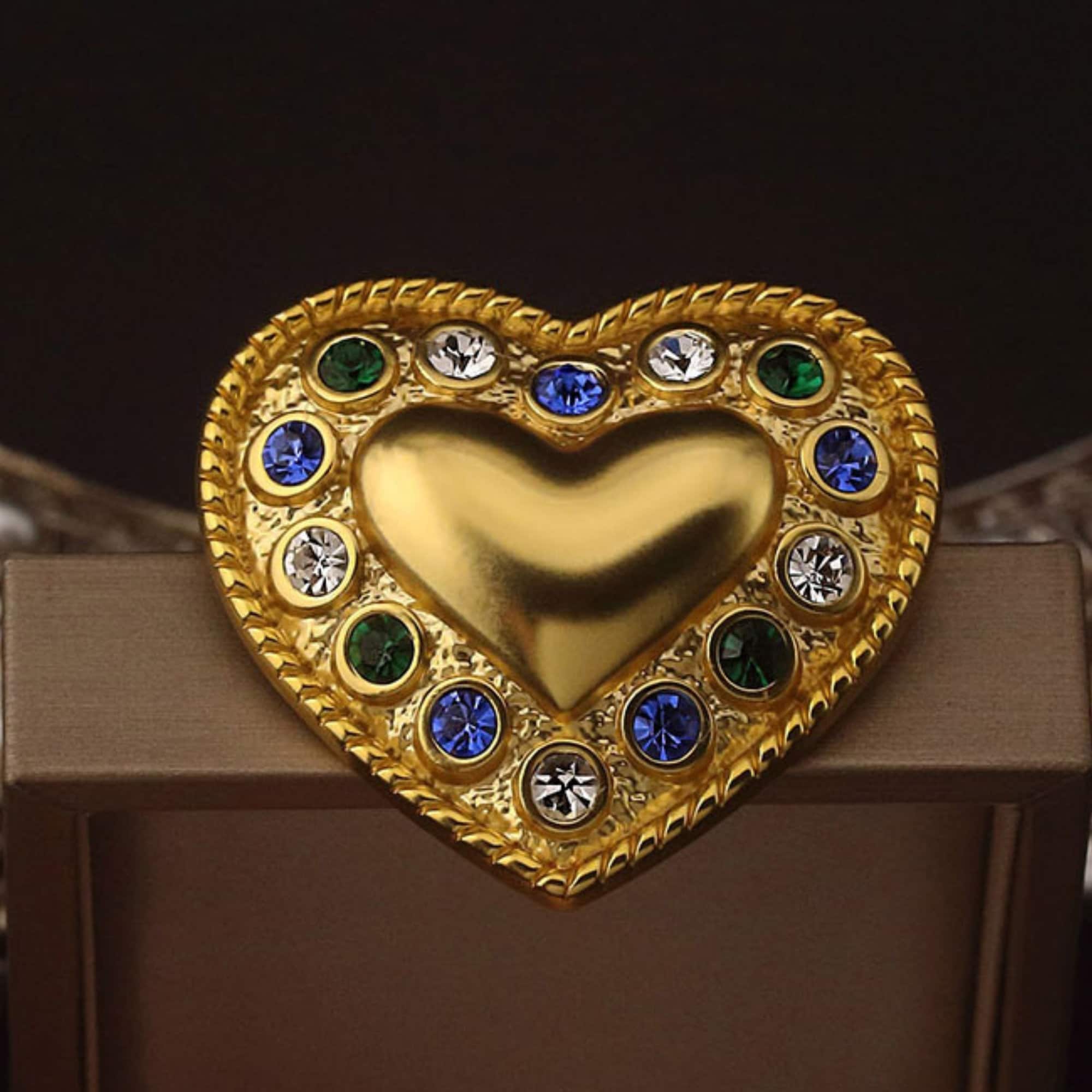 Broche Vintage En Forme De Cœur Avec Strass - Bijou Ancien Élégant - Occasion
