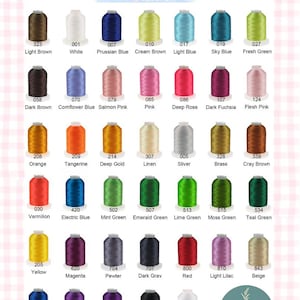 May include: A color chart titled Thread Colors displaying forty-two individual spools of embroidery thread arranged in a grid. Each spool is labeled with a unique numerical code and a corresponding color name, including shades like white, black, red, blue, and green.