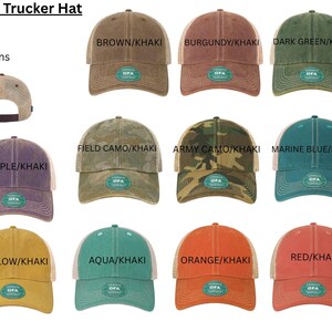 May include: A collection of distressed vintage trucker hats featuring a snap back closure and mesh back panels. The hats are available in various color combinations including brown, burgundy, dark green, pink, camo, blue, black, yellow, and orange.