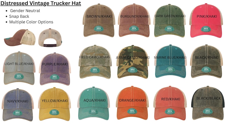 May include: A collection of distressed vintage trucker hats featuring a snap back closure and mesh back panels. The hats are available in various color combinations including brown, burgundy, dark green, pink, camo, blue, black, yellow, and orange.