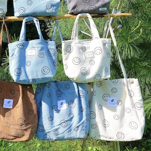 Personalized Corduroy Smiley Face Tote Bag: Embroidered Lunch or Makeup Bag