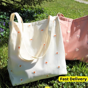 Sac fourre-tout personnalisé avec fermeture éclair, sac fourre-tout floral brodé marguerite, sac à main fait main, sac fourre-tout esthétique à fleurs