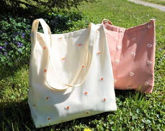 Personalized Tote Bag with Zipper,Daisy Embroidered Floral Tote Bag,Handmade Purse,Aesthetic Flower Tote Bag