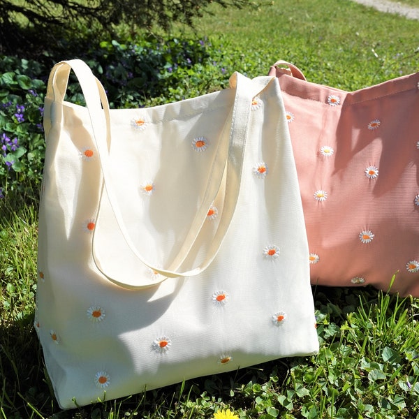 Sac fourre-tout personnalisé avec fermeture éclair, sac fourre-tout floral brodé marguerite, sac à main fait main, sac fourre-tout esthétique à fleurs