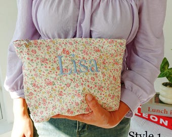 Nécessaire de maquiagem floral personalizada, estojo de cosméticos em lona com nome personalizado, bolsa de viagem com zíper.