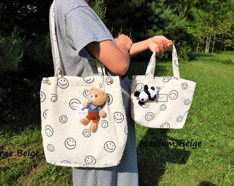Personalized Corduroy Smiley Face Tote Bag: Embroidered Totebag or Lunch bag or Makeup Bag