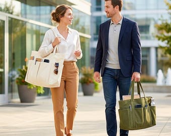 May include: Two people walking outdoors, each carrying a tote bag. One bag is off-white, the other is olive green. The bags have multiple pockets and are filled with items. The woman wears a white blouse and tan pants. The man wears a navy blazer and jeans.