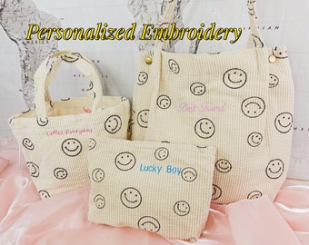 Personalized Smiley Face Purse, Lunch Bag, Makeup Bag, Corduroy Tote Bag.