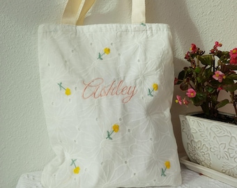 Personalized Embroidered Floral Tote Bag: Custom Cotton Shoulder Bag