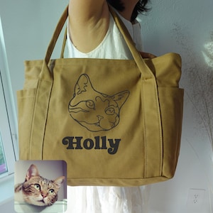 Bolsa de mano con retrato de mascota de una línea personalizado a partir de foto, bolsas de lona con retrato de perro y gato bordado personalizado, cartera de hombro, bolsas de regalo con arte para mascotas.