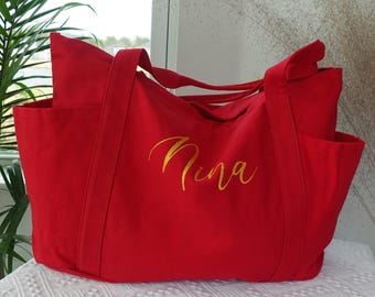 Extra Large Custom Name Canvas Tote Bag, Beach Totebag, Cute Embroidered Bag with Zipper, Gift for Women or Mens.