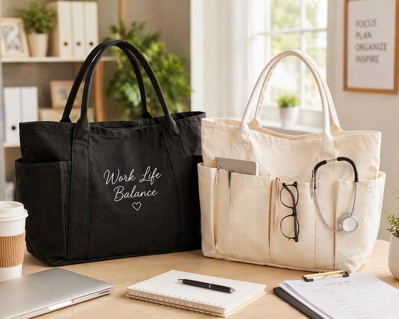 May include: Two tote bags, one black and one cream-colored, sit on a wooden desk. The black bag has the words "Work Life Balance" and a heart embroidered on it. The cream bag has multiple pockets and a stethoscope.