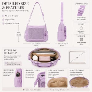 Pu&ograve; includere: Borsa a tracolla lilla con tracolla regolabile. Presenta una tasca frontale in rete e tasche laterali. Misura 32 cm di lunghezza, 25 cm di altezza e 11 cm di larghezza. Realizzata in nylon resistente all'acqua, adatta a laptop fino a 16 pollici.