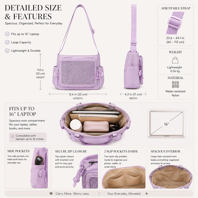 Pu&ograve; includere: Borsa a tracolla lilla con tracolla regolabile. Presenta una tasca frontale in rete e tasche laterali. Misura 32 cm di lunghezza, 25 cm di altezza e 11 cm di larghezza. Realizzata in nylon resistente all'acqua, adatta a laptop fino a 16 pollici.