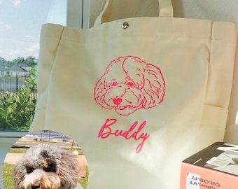 Embroidered Pet Portrait Shoulder Bag –Custom Pet Face Name Canvas Tote, Dog Mom Totes, Personalized Handbag Pet Lover Gift Cat Shopping Bag