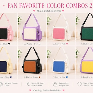 Pu&ograve; includere: Otto borse a tracolla in varie combinazioni di colori, tra cui rosa e nero, viola e avorio, e crema e blu navy. Ogni borsa presenta una tasca frontale rettangolare e una tracolla regolabile abbinata. Il testo sull'immagine recita "FAN FAVORITE COLOR COMBOS 2" e "Mix & match your style".