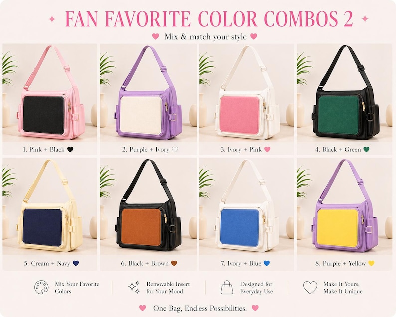 Pu&ograve; includere: Otto borse a tracolla in varie combinazioni di colori, tra cui rosa e nero, viola e avorio, e crema e blu navy. Ogni borsa presenta una tasca frontale rettangolare e una tracolla regolabile abbinata. Il testo sull'immagine recita "FAN FAVORITE COLOR COMBOS 2" e "Mix & match your style".