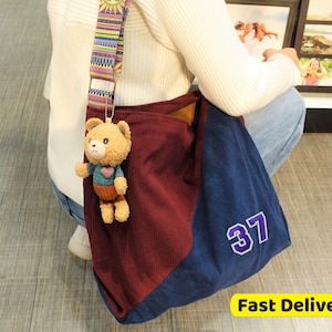 Bolsa personalizada com alça de guitarra, bolsa tote de veludo cotelê com alça floral retrô, bolsas crossbody e carteiras para mulheres.