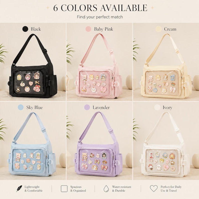 Pu&ograve; includere: Sono mostrate sei borse a tracolla colorate, ciascuna in una tonalit&agrave; diversa: nero, rosa baby, crema, azzurro cielo, lavanda e avorio. Le borse hanno una tasca frontale trasparente piena di spille decorative. Il testo sull'immagine recita "6 COLORS AVAILABLE" e "Find your perfect match."