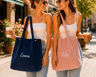 Embroidered Corduroy Large Tote Bag, Custom Cute Multi-Color Shoulder Totebag Personalized Aesthetic Tote Purse for School, Everyday Use.